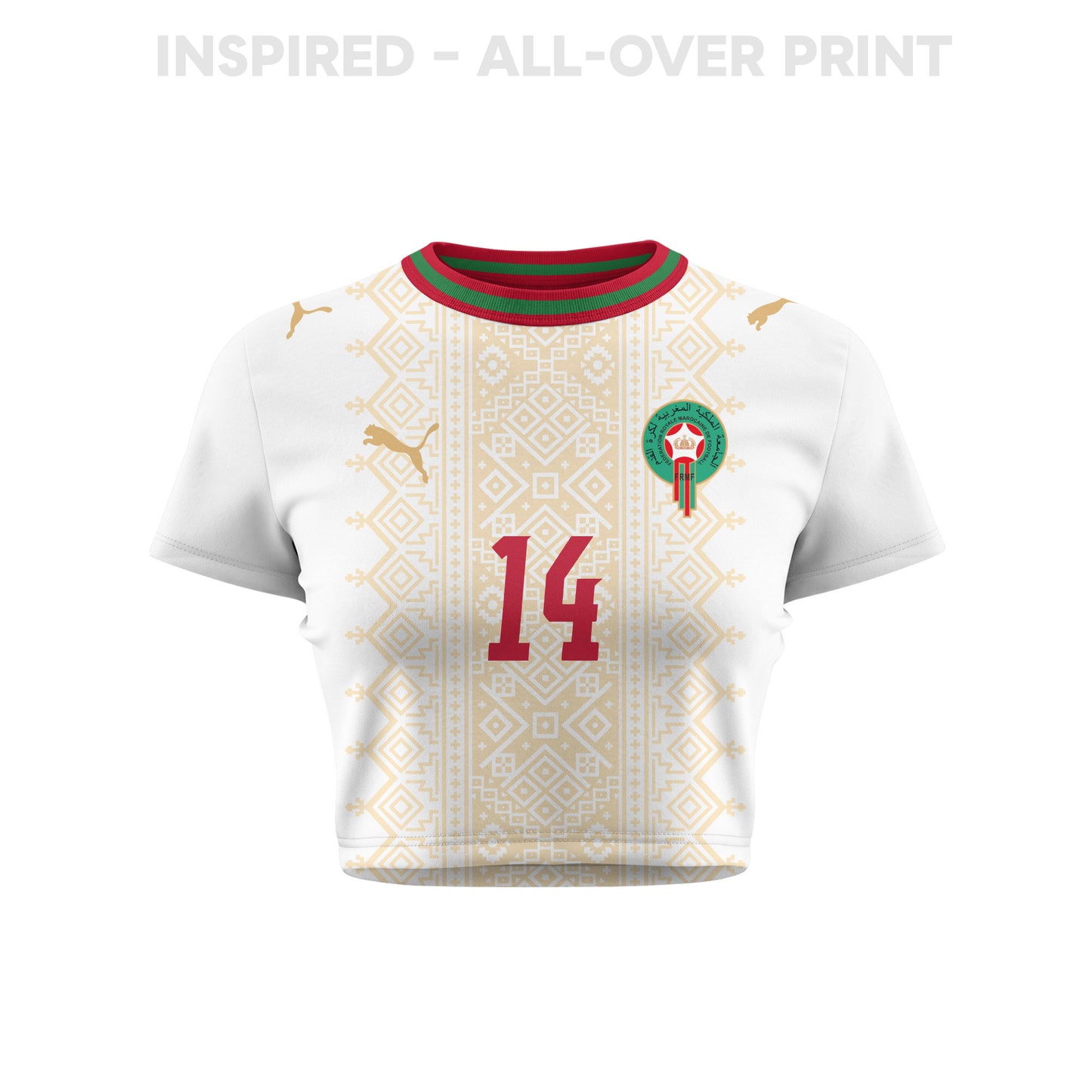 Oussama Targhaline 14 Morocco 2026 Women's Away All-Over Print Cropped Jersey - White