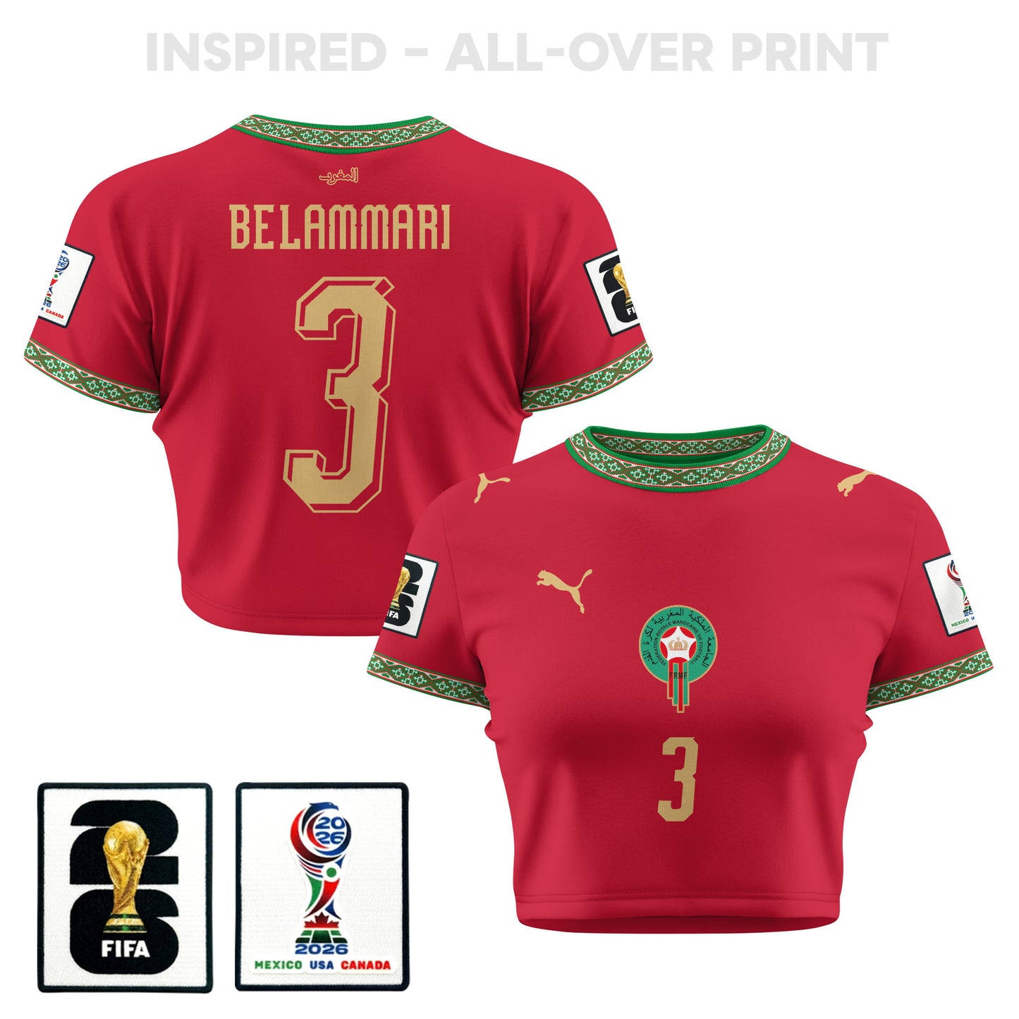 Youssef Belammari 3 Morocco 2026 Women's Home All-Over Print Cropped Jersey - Red