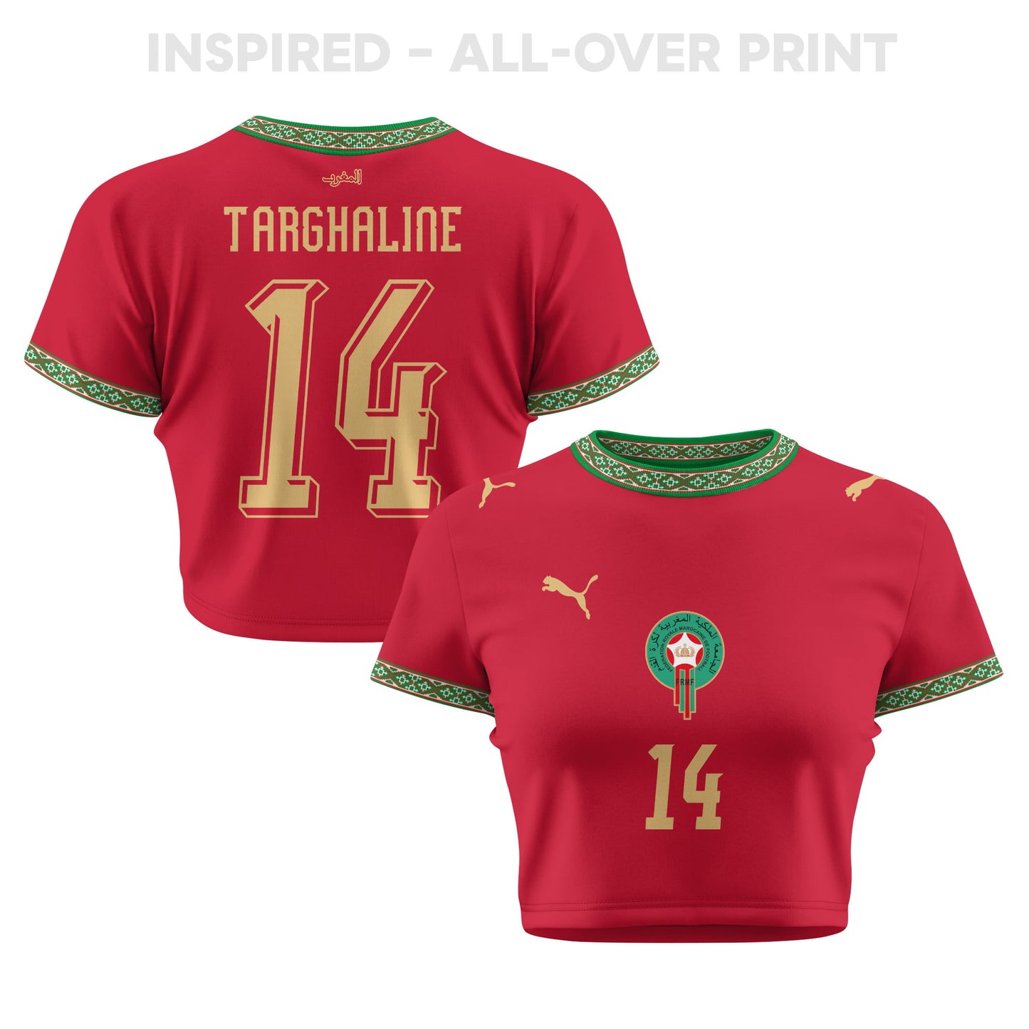 Oussama Targhaline 14 Morocco 2026 Women's Home All-Over Print Cropped Jersey - Red