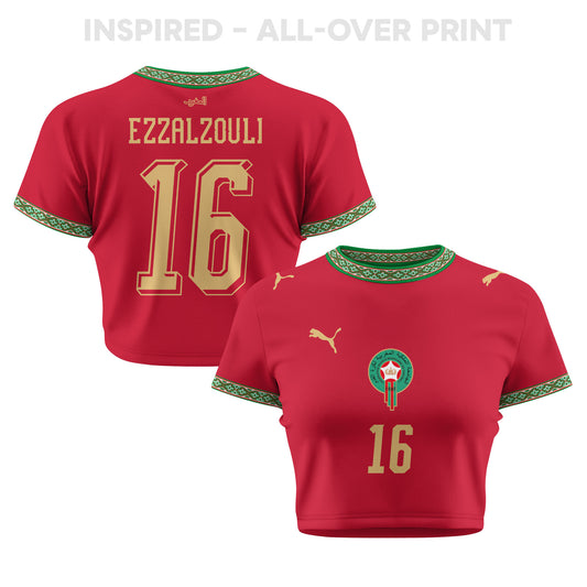 Abde Ezzalzouli 16 Morocco 2026 Women's Home All-Over Print Cropped Jersey - Red