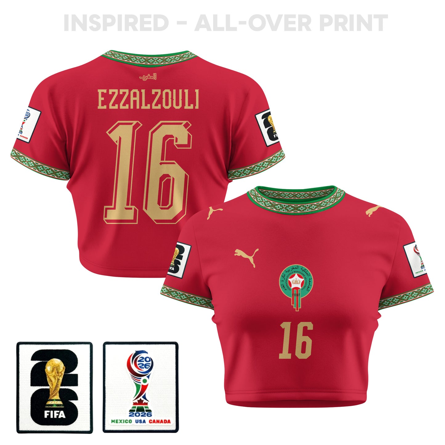 Abde Ezzalzouli 16 Morocco 2026 Women's Home All-Over Print Cropped Jersey - Red