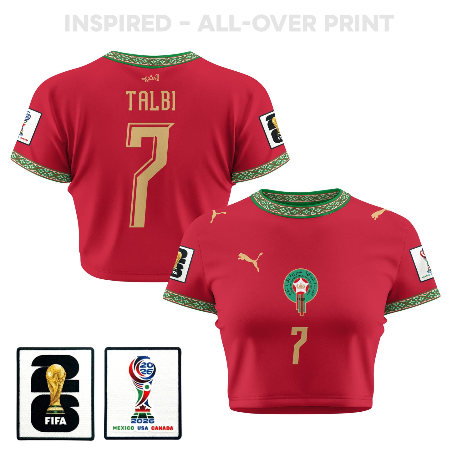 Chemsdine Talbi 7 Morocco 2026 Women's Home All-Over Print Cropped Jersey - Red