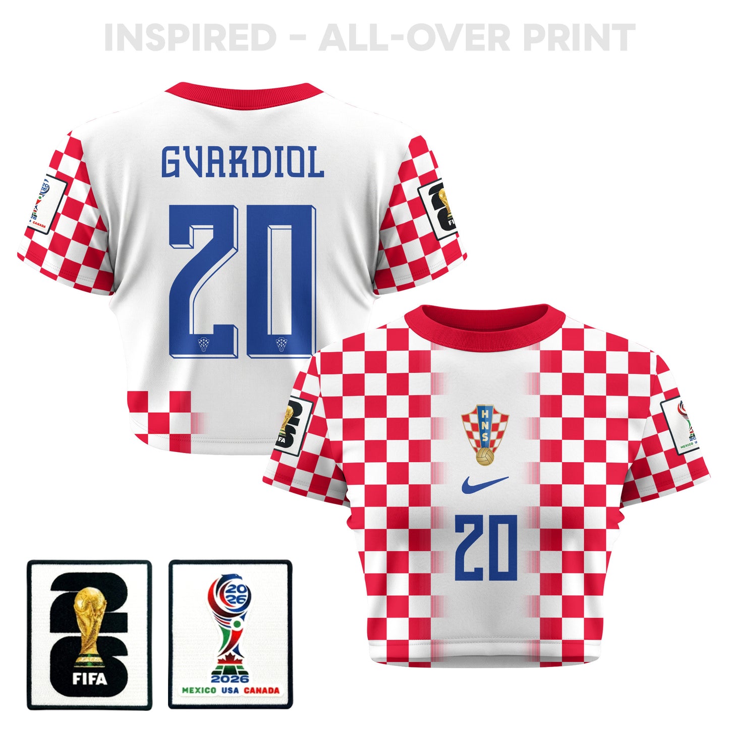 Joško Gvardiol 20 Croatia 2026 Women's Home All-Over Print Cropped Jersey - White