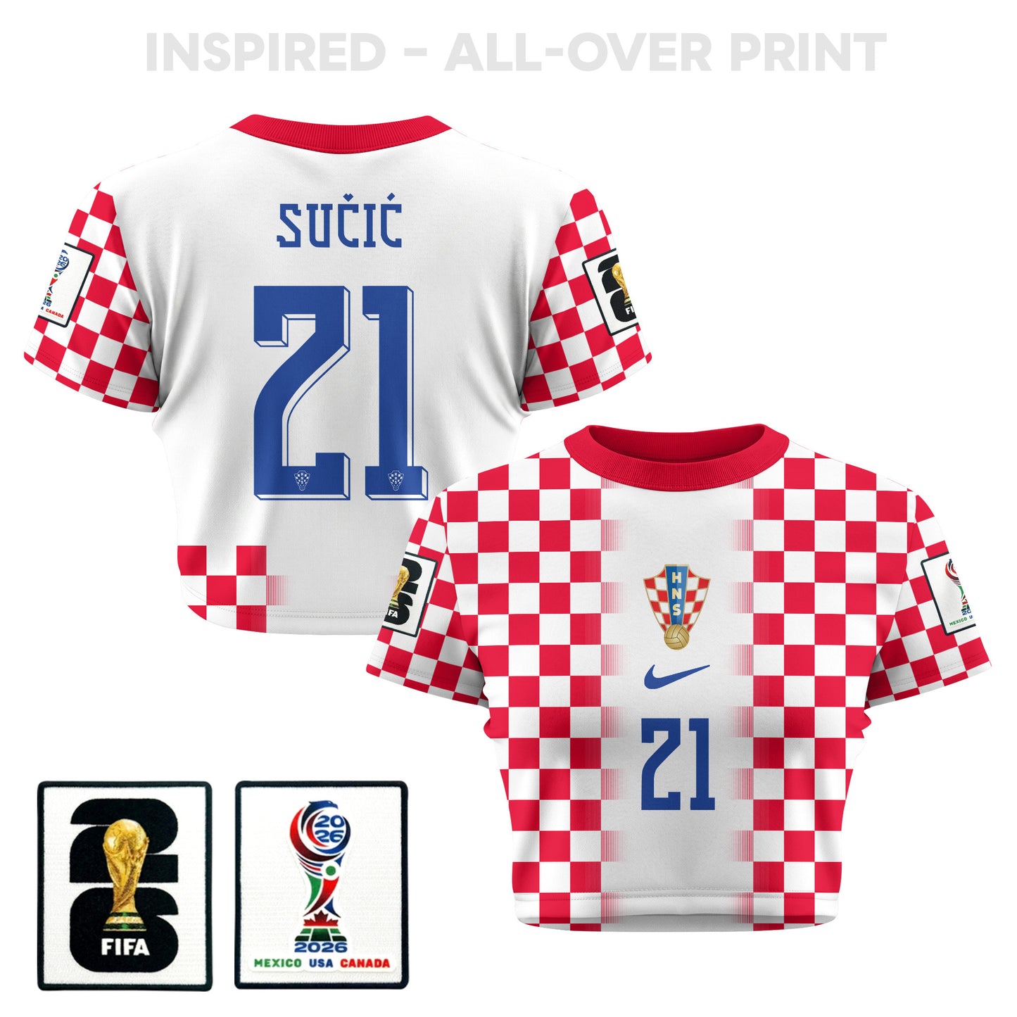 Luka Sučić 21 Croatia 2026 Women's Home All-Over Print Cropped Jersey - White