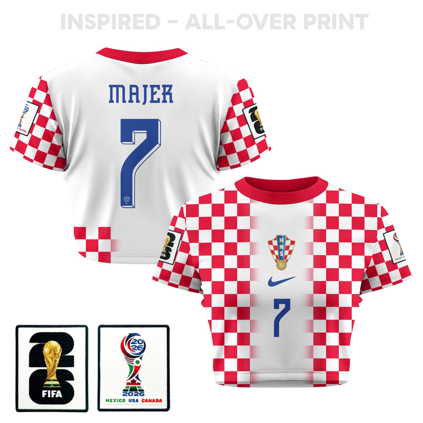 Lovro Majer 7 Croatia 2026 Women's Home All-Over Print Cropped Jersey - White
