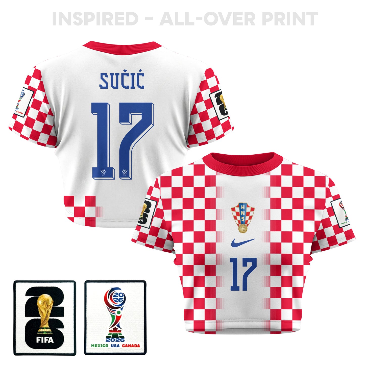 Petar Sučić 17 Croatia 2026 Women's Home All-Over Print Cropped Jersey - White