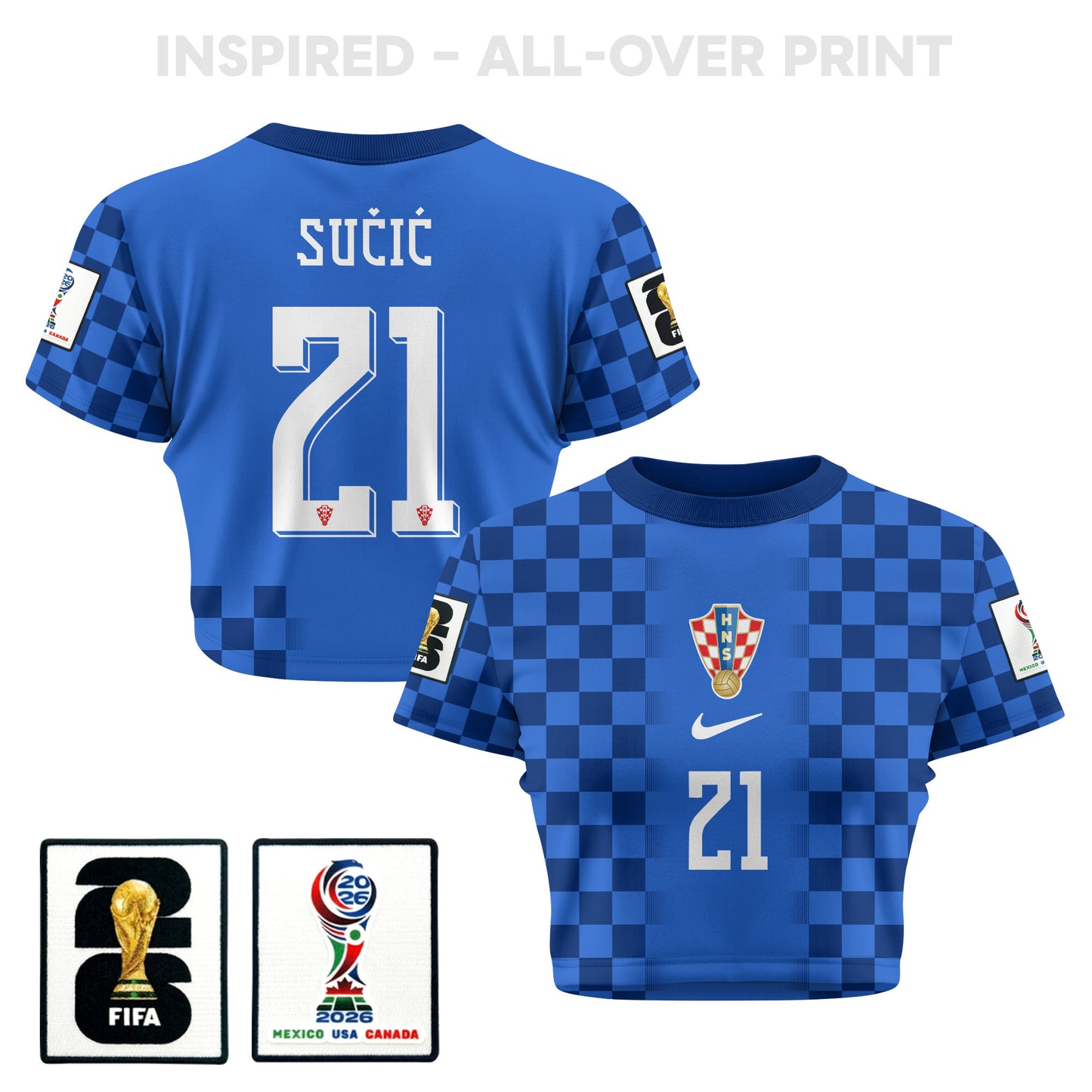 Luka Sučić 21 Croatia 2026 Women's Away All-Over Print Cropped Jersey - Blue