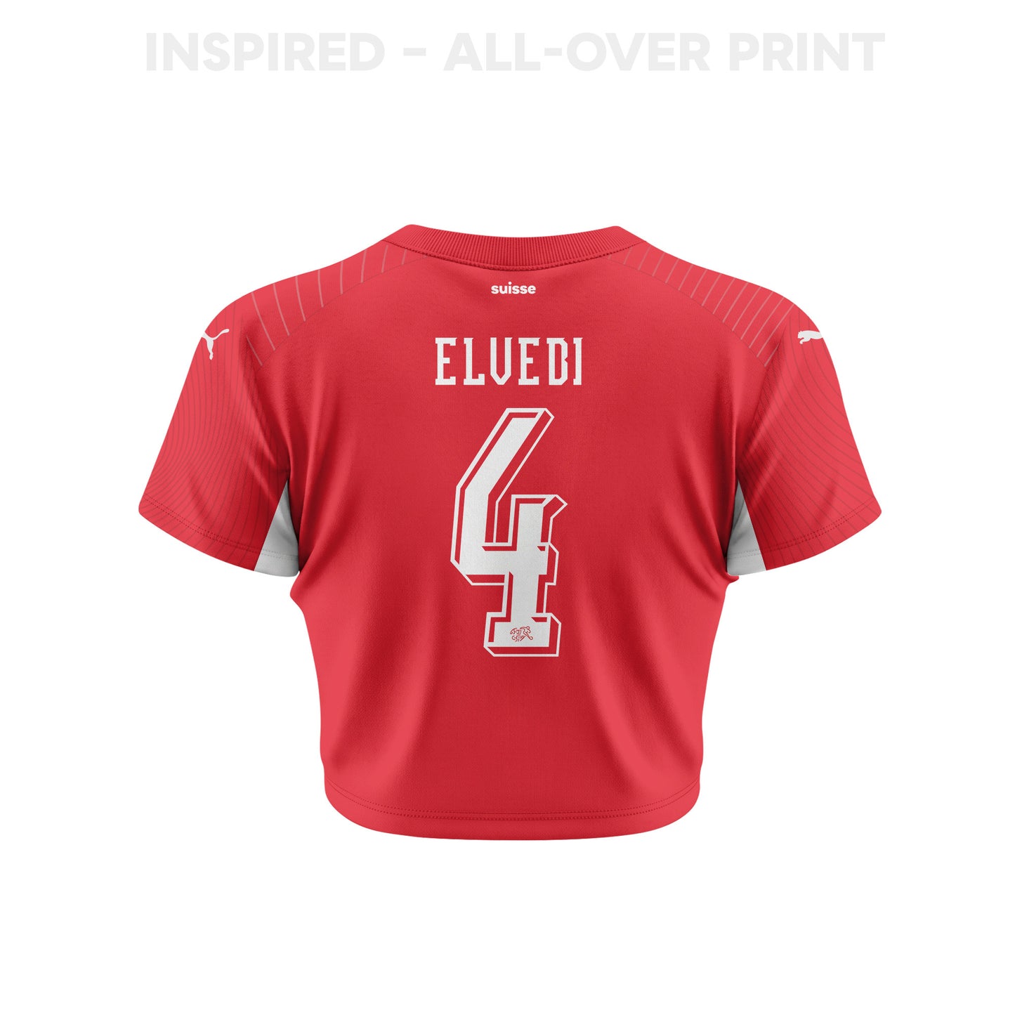 Nico Elvedi 4 Switzerland 2026 Women's Home All-Over Print Cropped Jersey - Red