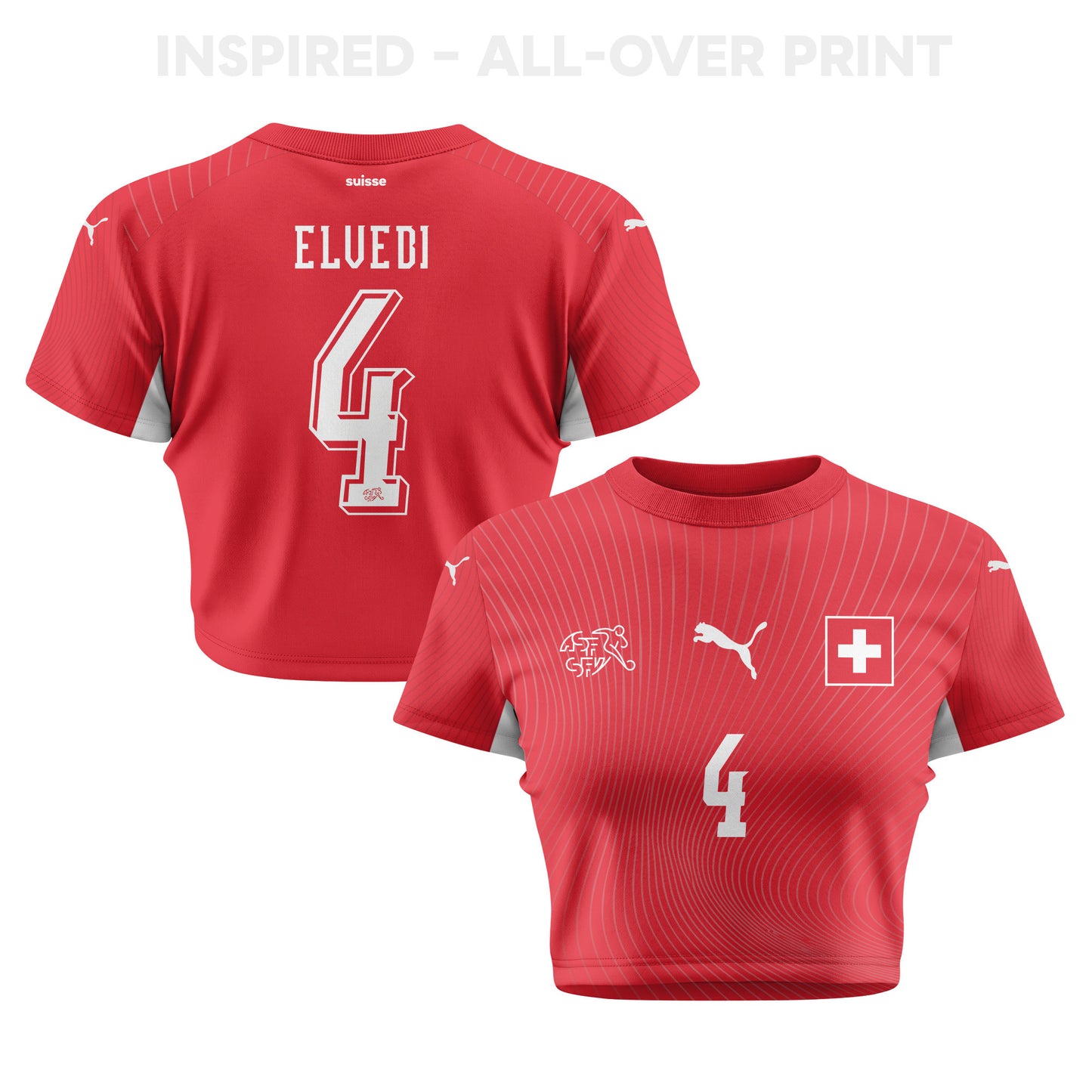 Nico Elvedi 4 Switzerland 2026 Women's Home All-Over Print Cropped Jersey - Red