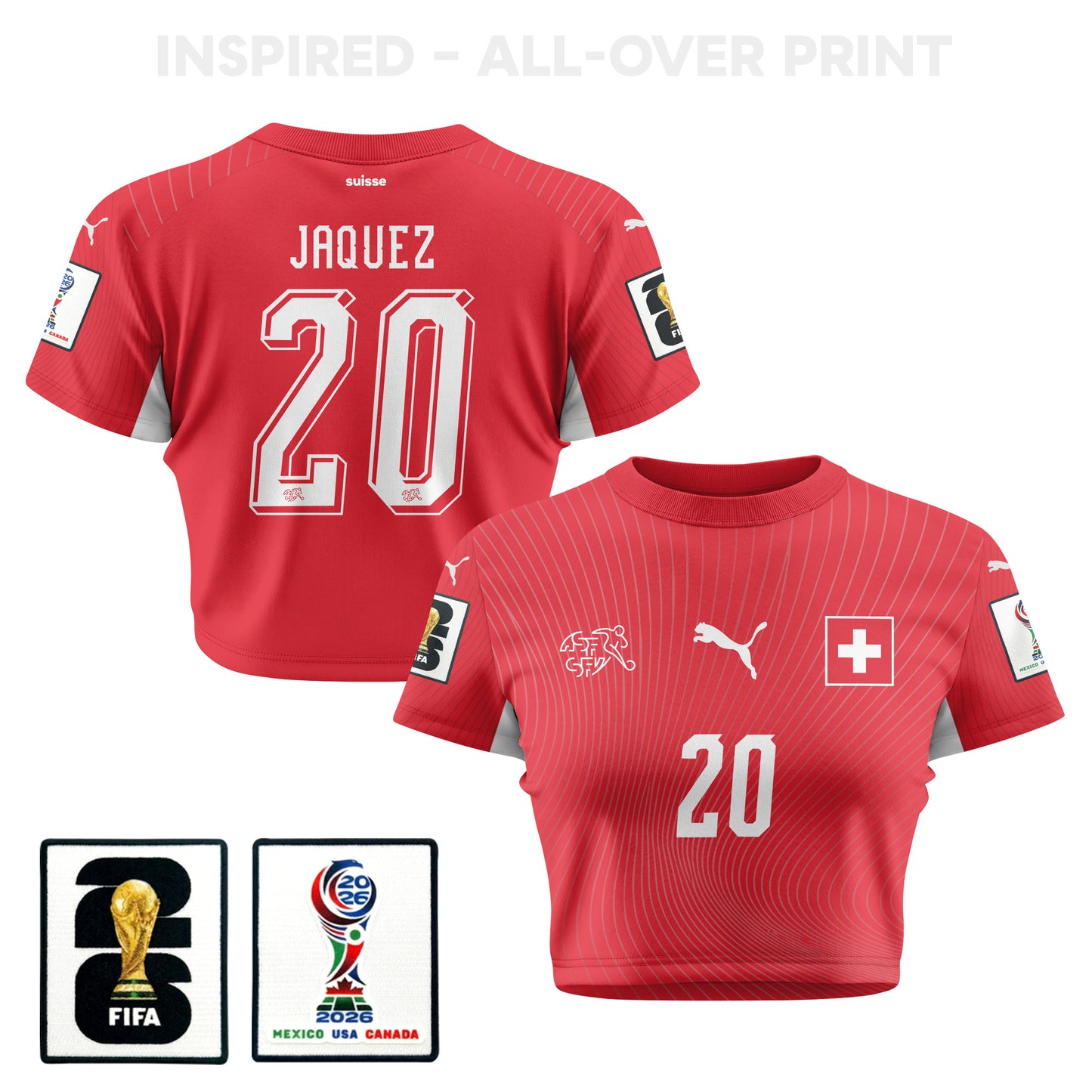 Luca Jaquez 20 Switzerland 2026 Women's Home All-Over Print Cropped Jersey - Red