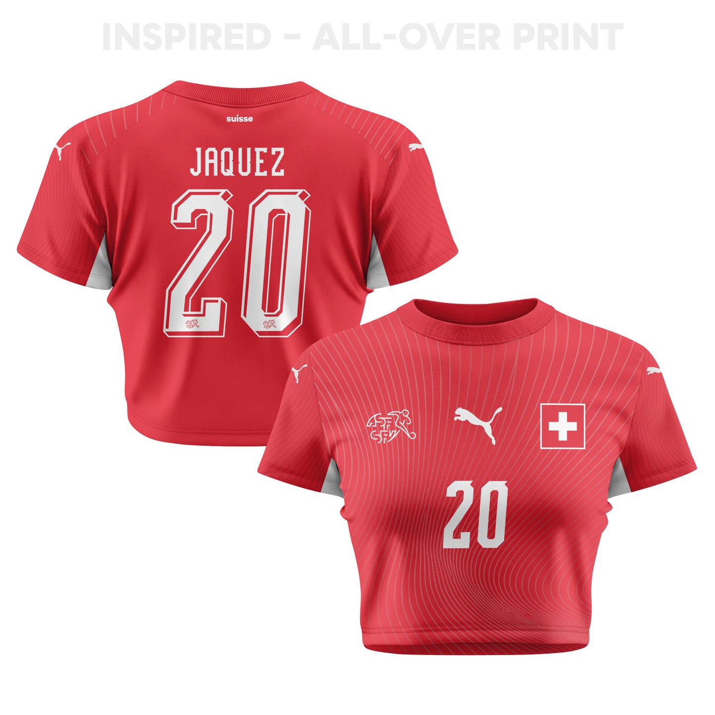 Luca Jaquez 20 Switzerland 2026 Women's Home All-Over Print Cropped Jersey - Red