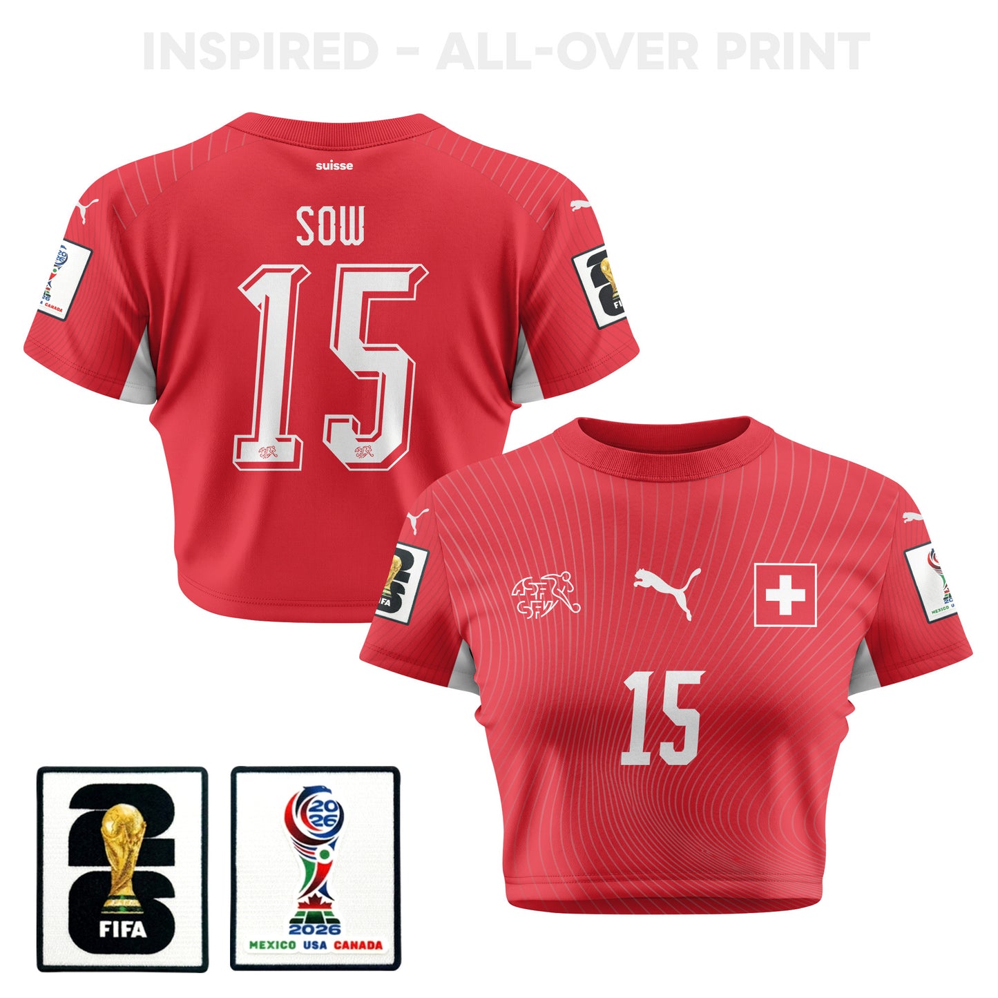 Djibril Sow 15 Switzerland 2026 Women's Home All-Over Print Cropped Jersey - Red