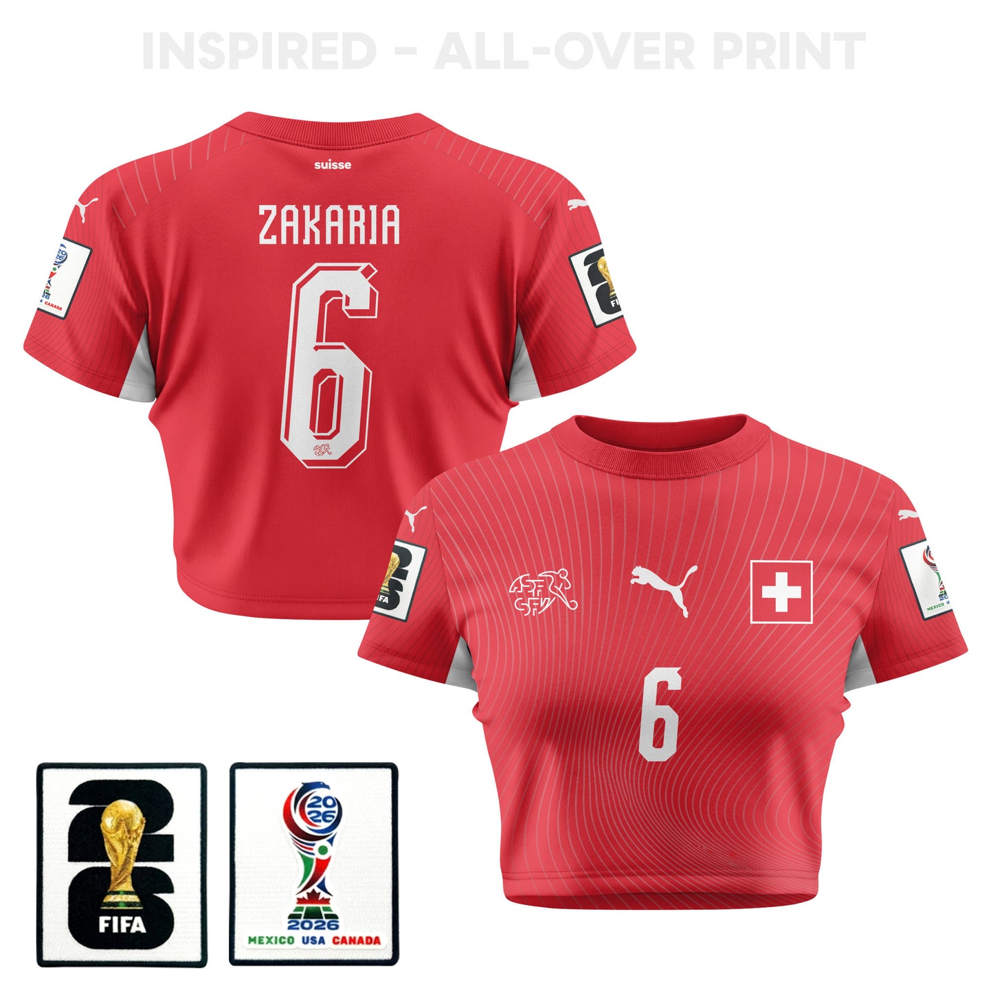 Denis Zakaria 6 Switzerland 2026 Women's Home All-Over Print Cropped Jersey - Red