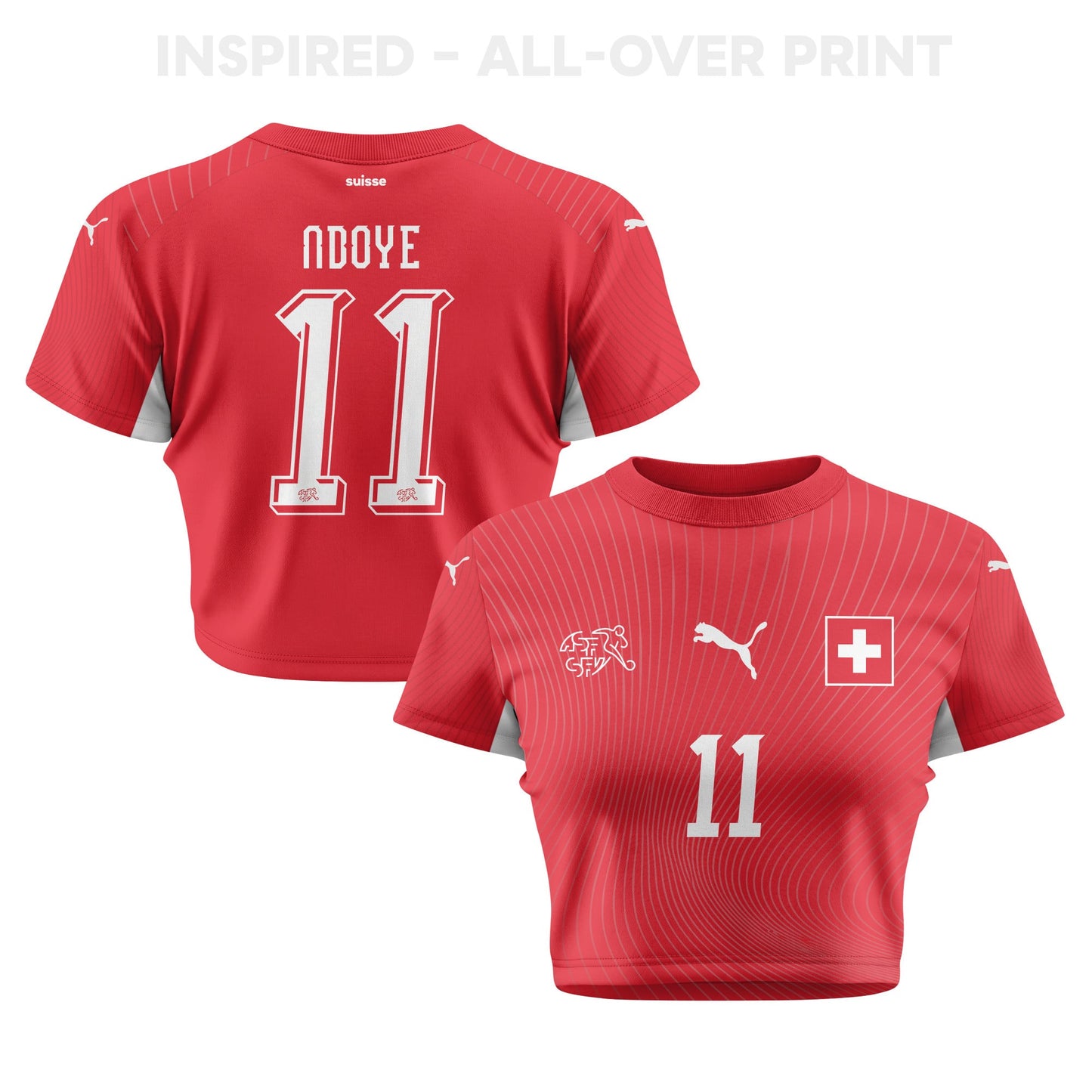 Dan Ndoye 11 Switzerland 2026 Women's Home All-Over Print Cropped Jersey - Red