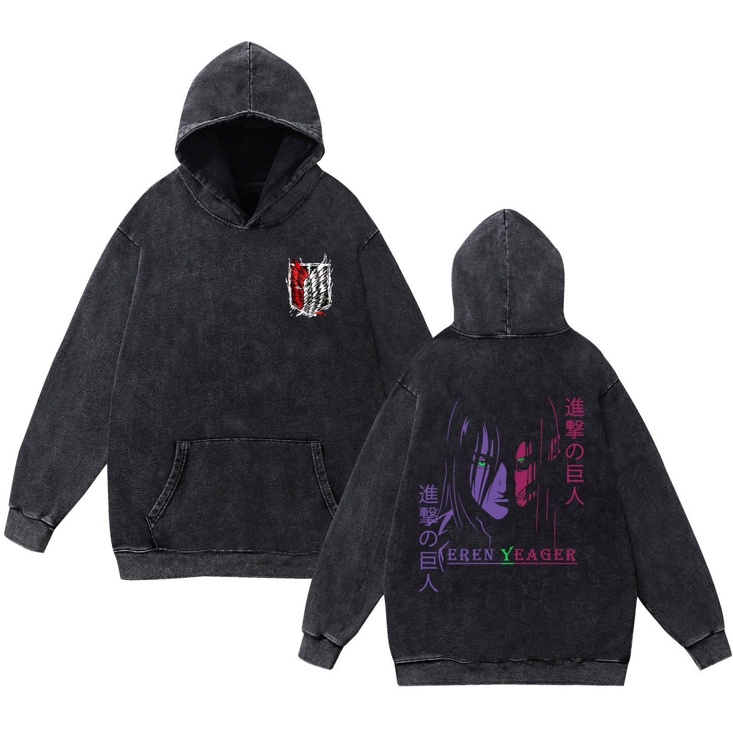 Washed Vintage Pure Cotton Anime Attack on Titan Hooded Sweatshirt