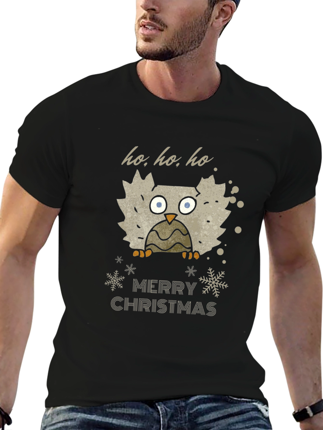Festive Owl Merry Christmas Black T-Shirt