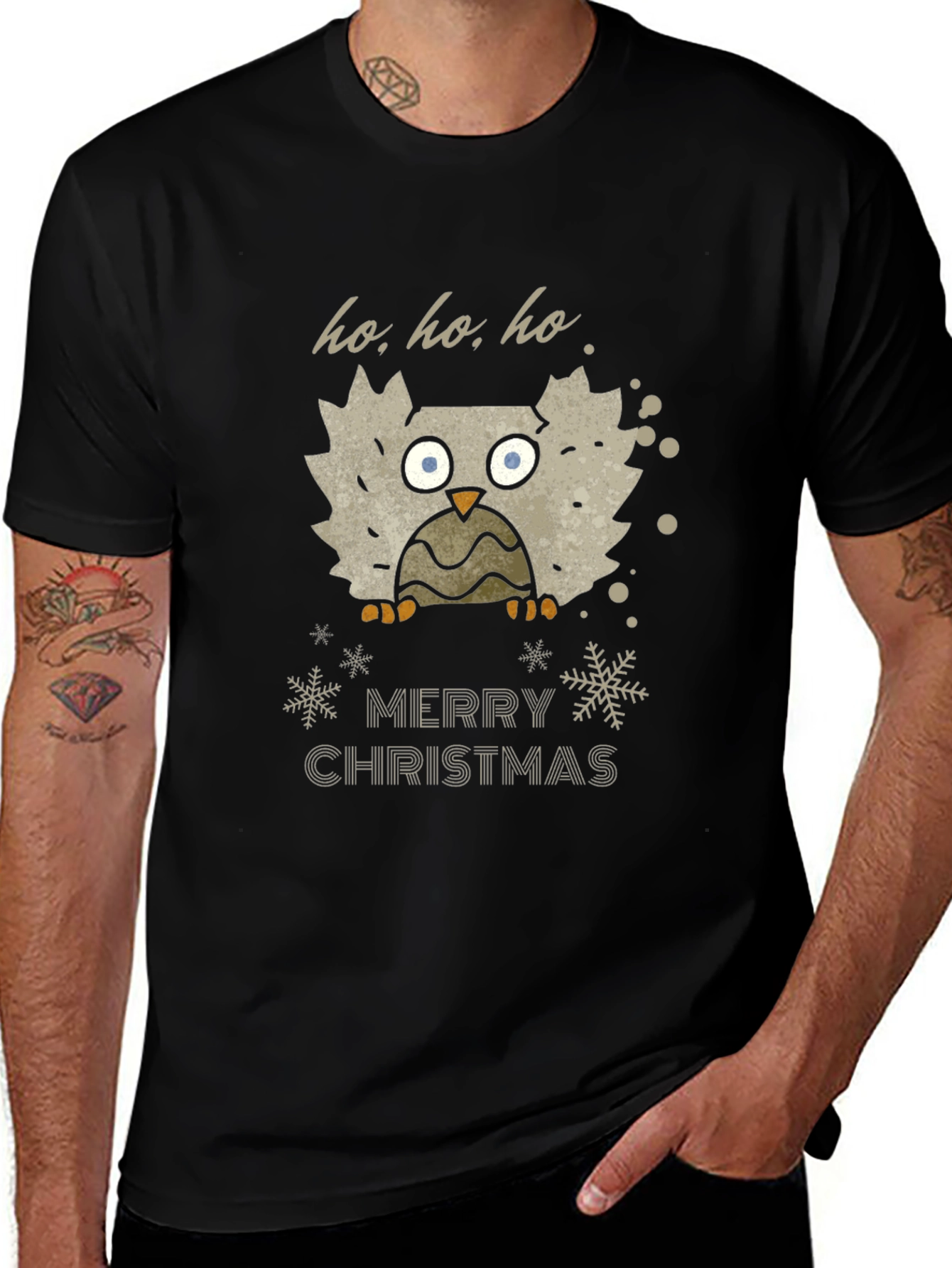 Festive Owl Merry Christmas Black T-Shirt