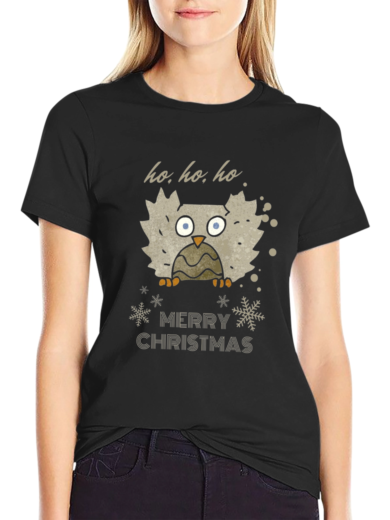 Festive Owl Merry Christmas Black T-Shirt