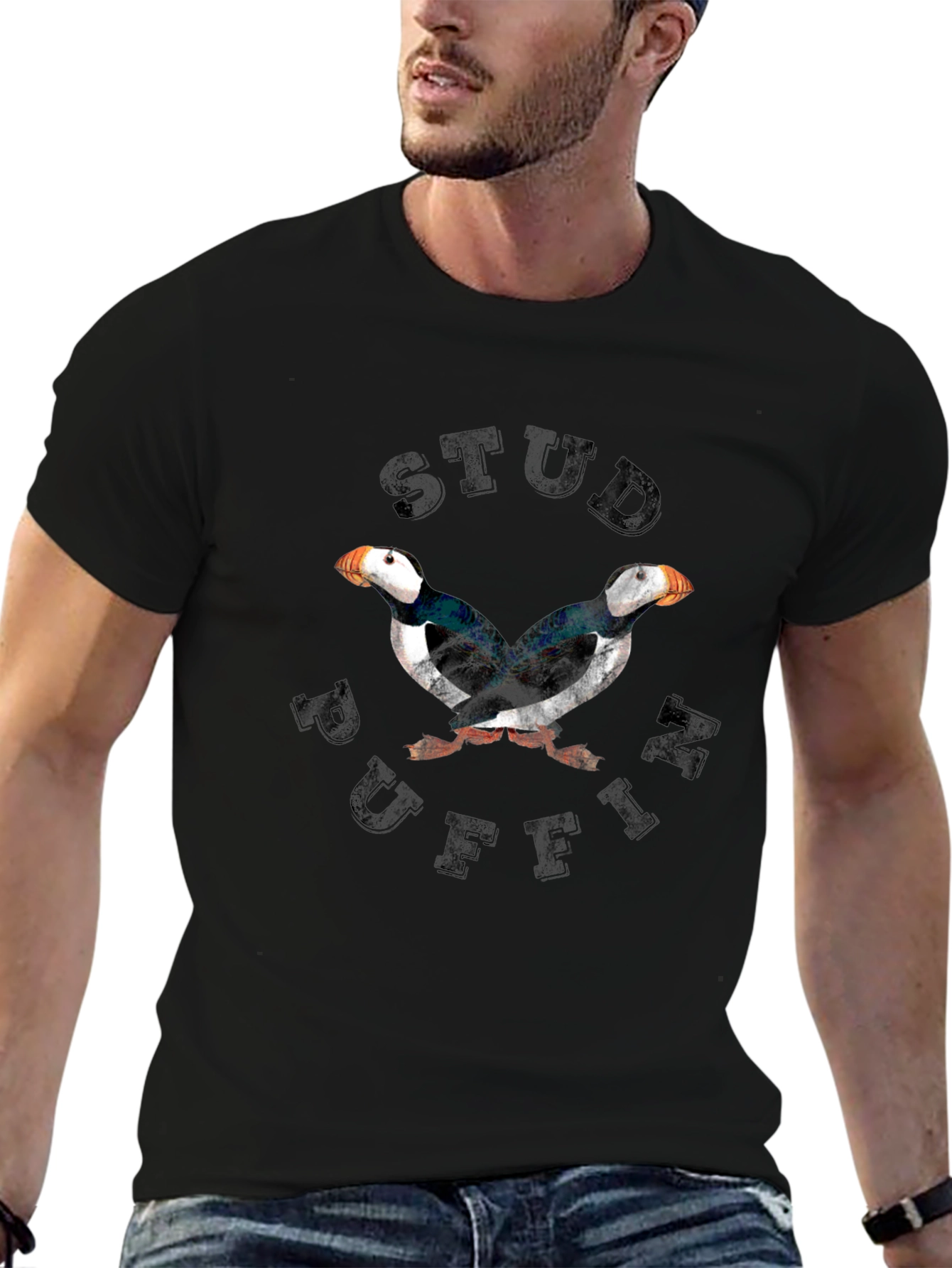 Stud Puffin Graphic Tee - Black Cotton Shirt
