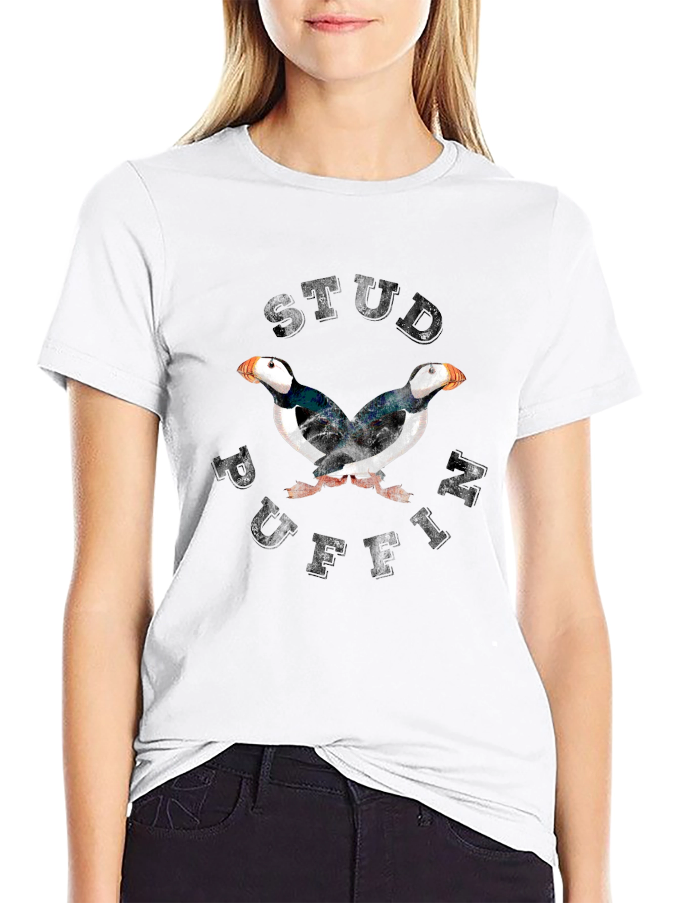 Stud Puffin Graphic Tee - Black Cotton Shirt