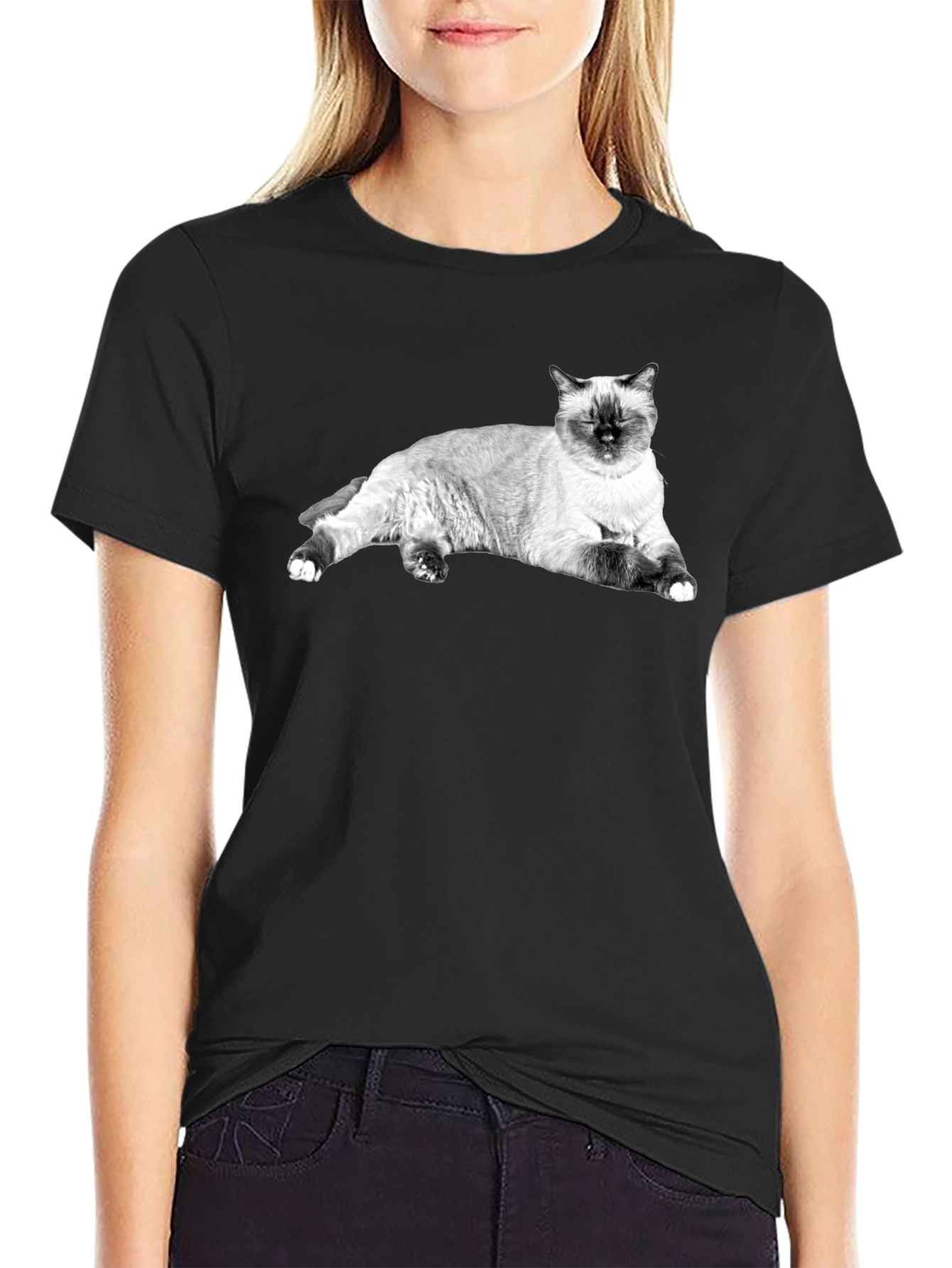 Siamese Cat Print Black T-Shirt