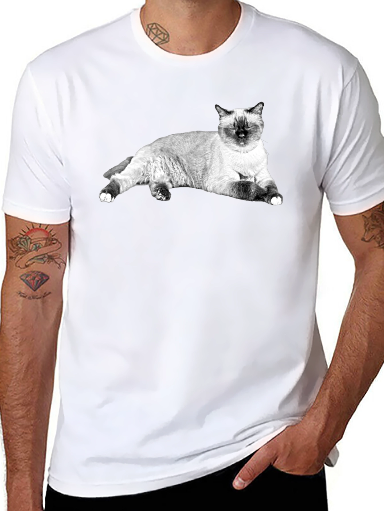 Siamese Cat Print Black T-Shirt