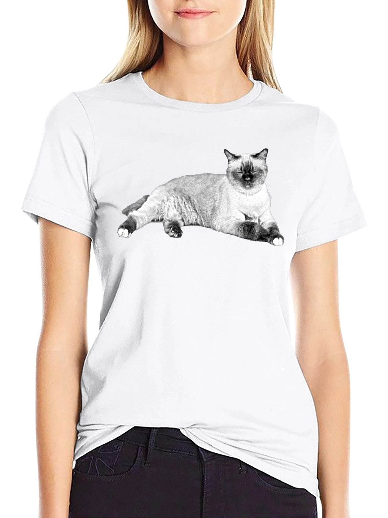 Siamese Cat Print Black T-Shirt