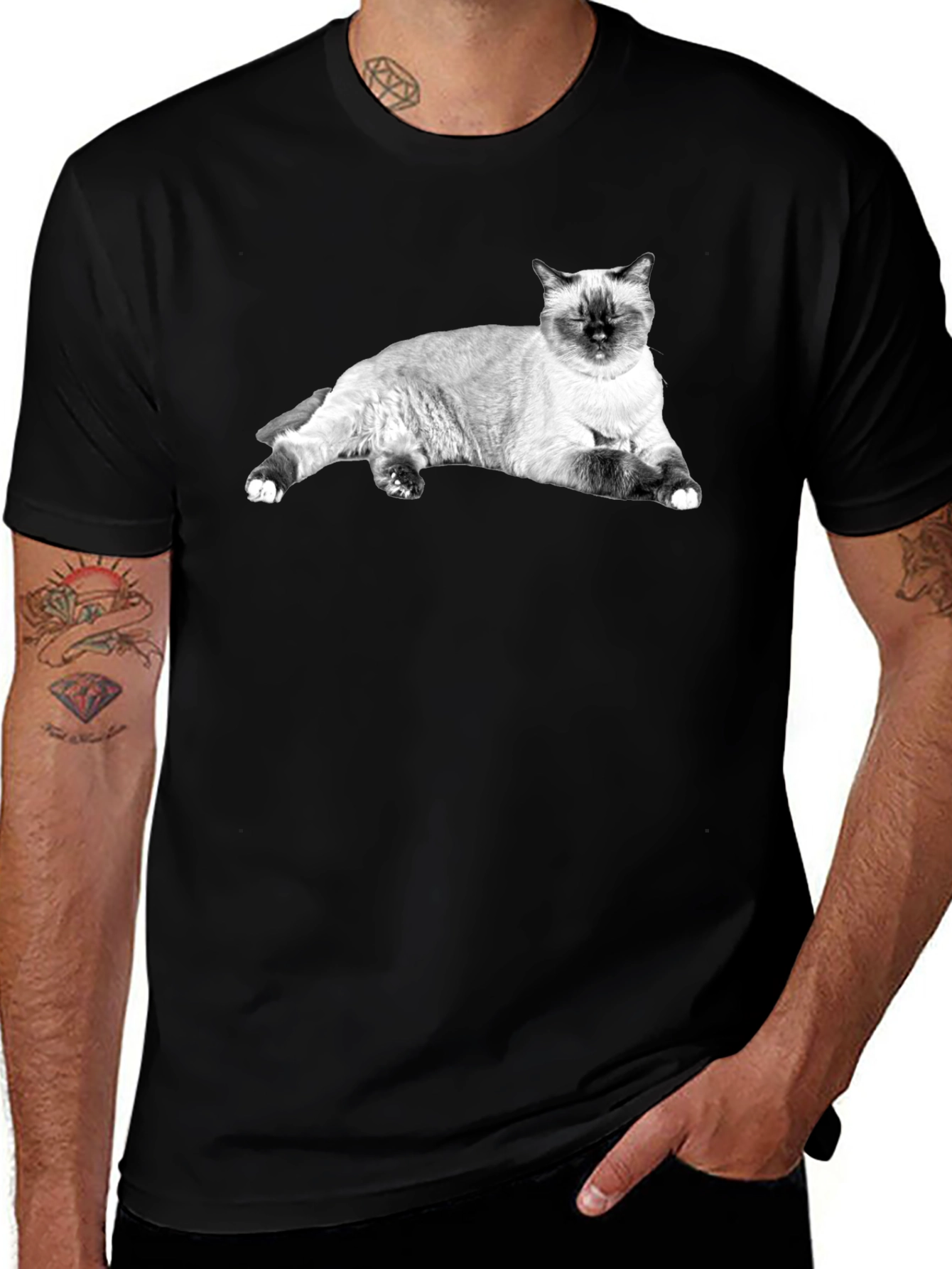 Siamese Cat Print Black T-Shirt