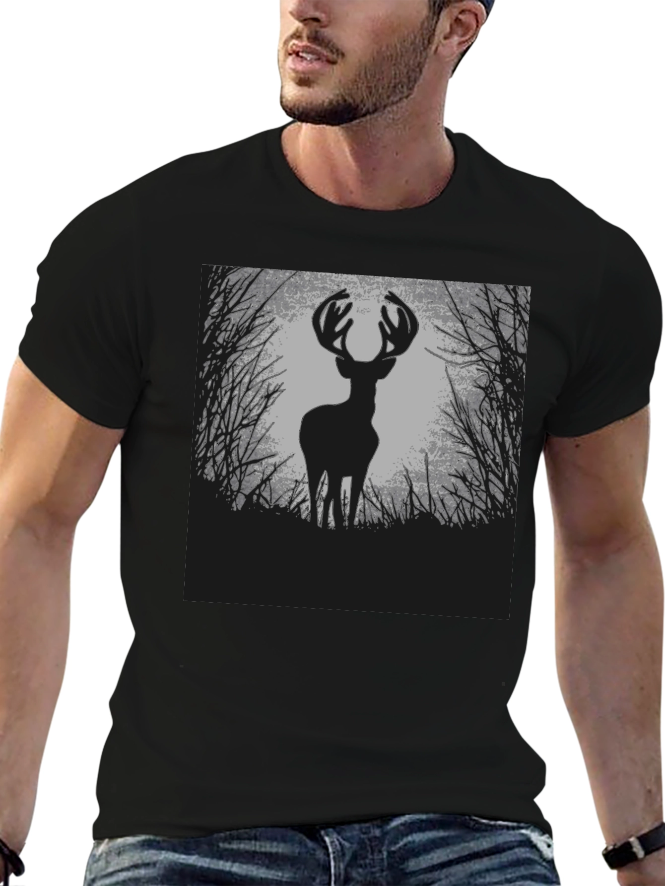Deer Silhouette Graphic Tee - Black Cotton Blend