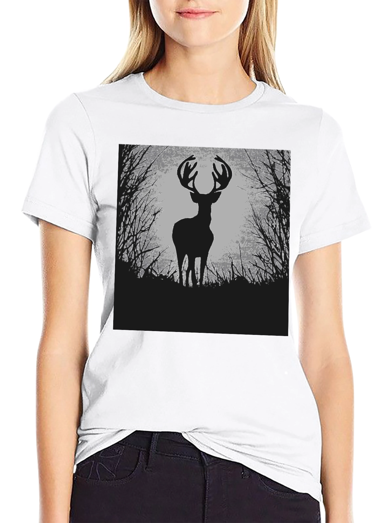 Deer Silhouette Graphic Tee - Black Cotton Blend