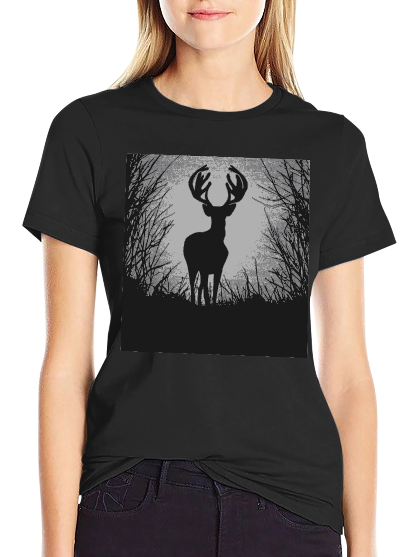 Deer Silhouette Graphic Tee - Black Cotton Blend