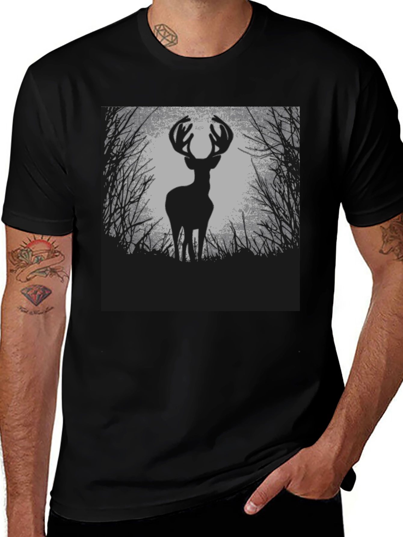 Deer Silhouette Graphic Tee - Black Cotton Blend