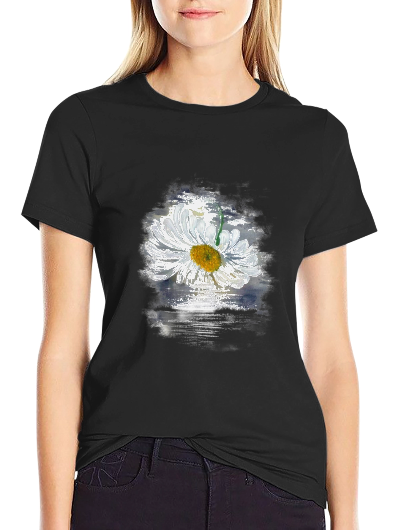 Daisy Flower Graphic Black T-Shirt