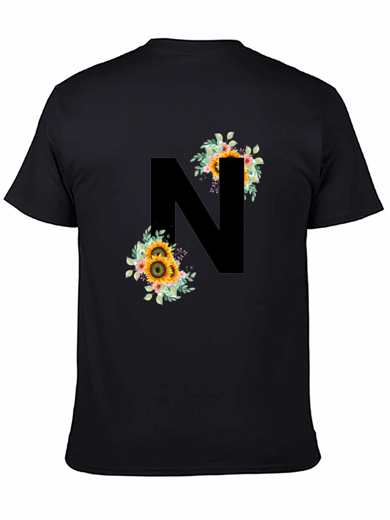 Floral Letter N Black T-Shirt