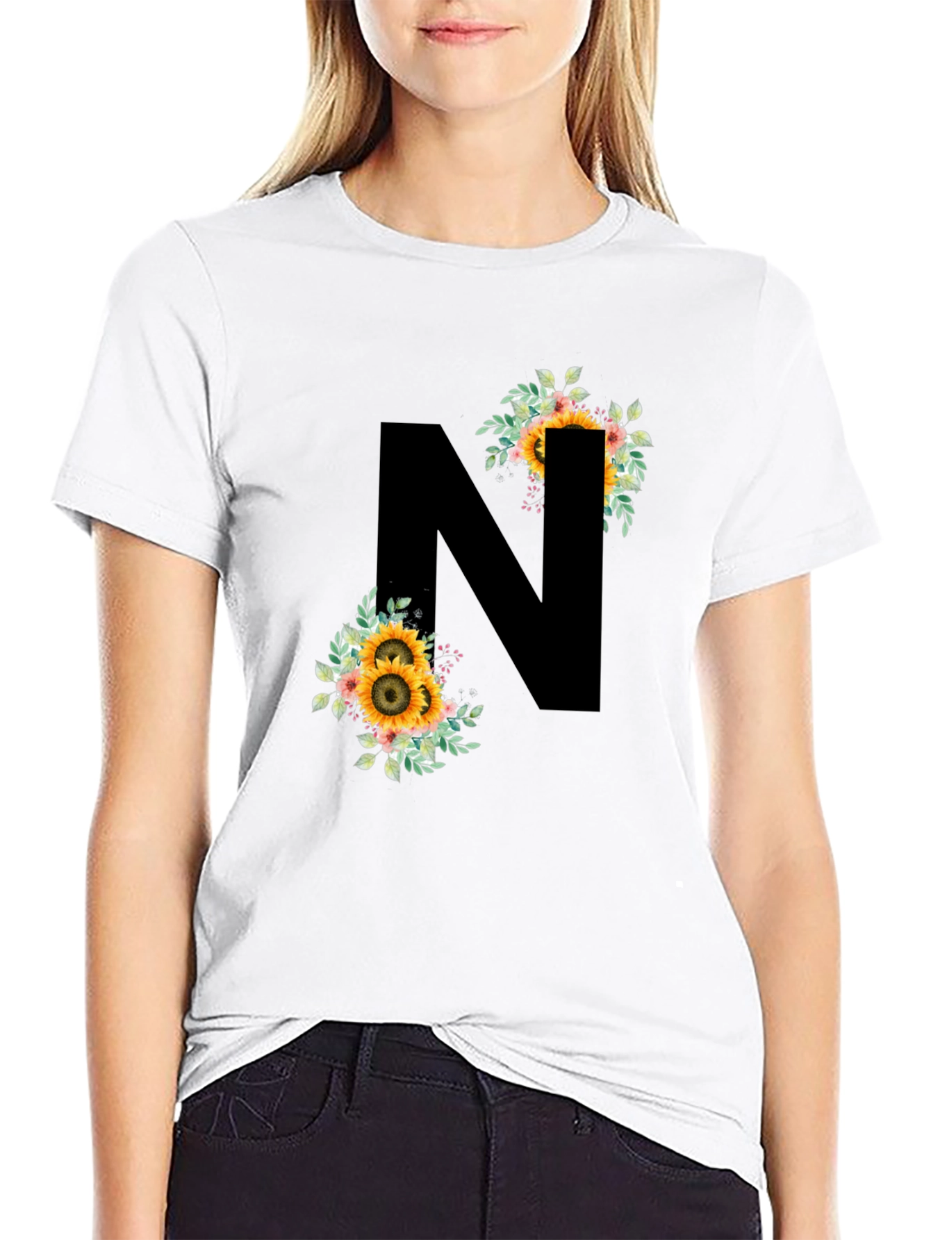 Floral Letter N Black T-Shirt