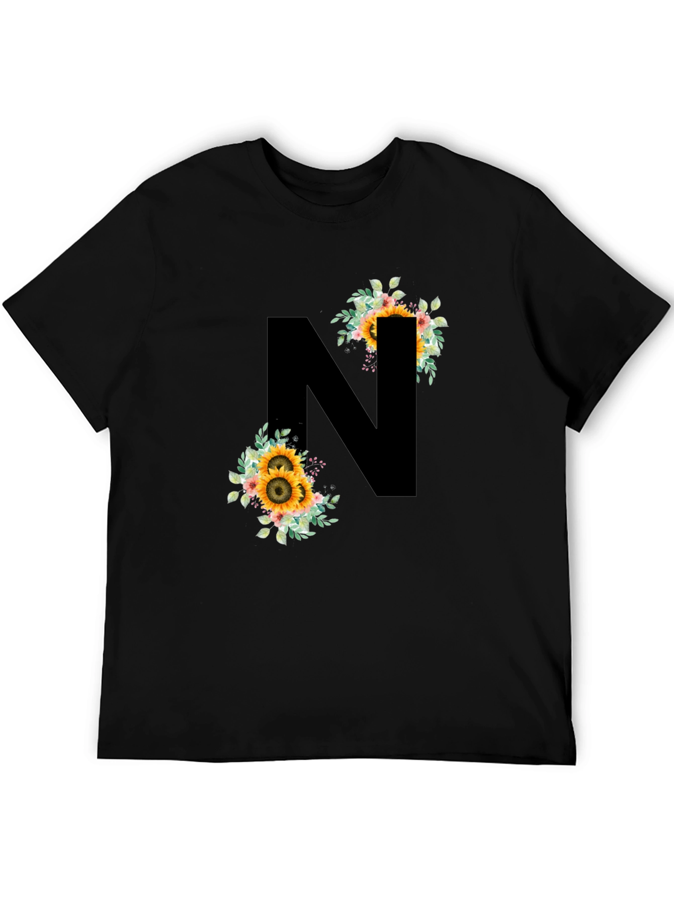 Floral Letter N Black T-Shirt