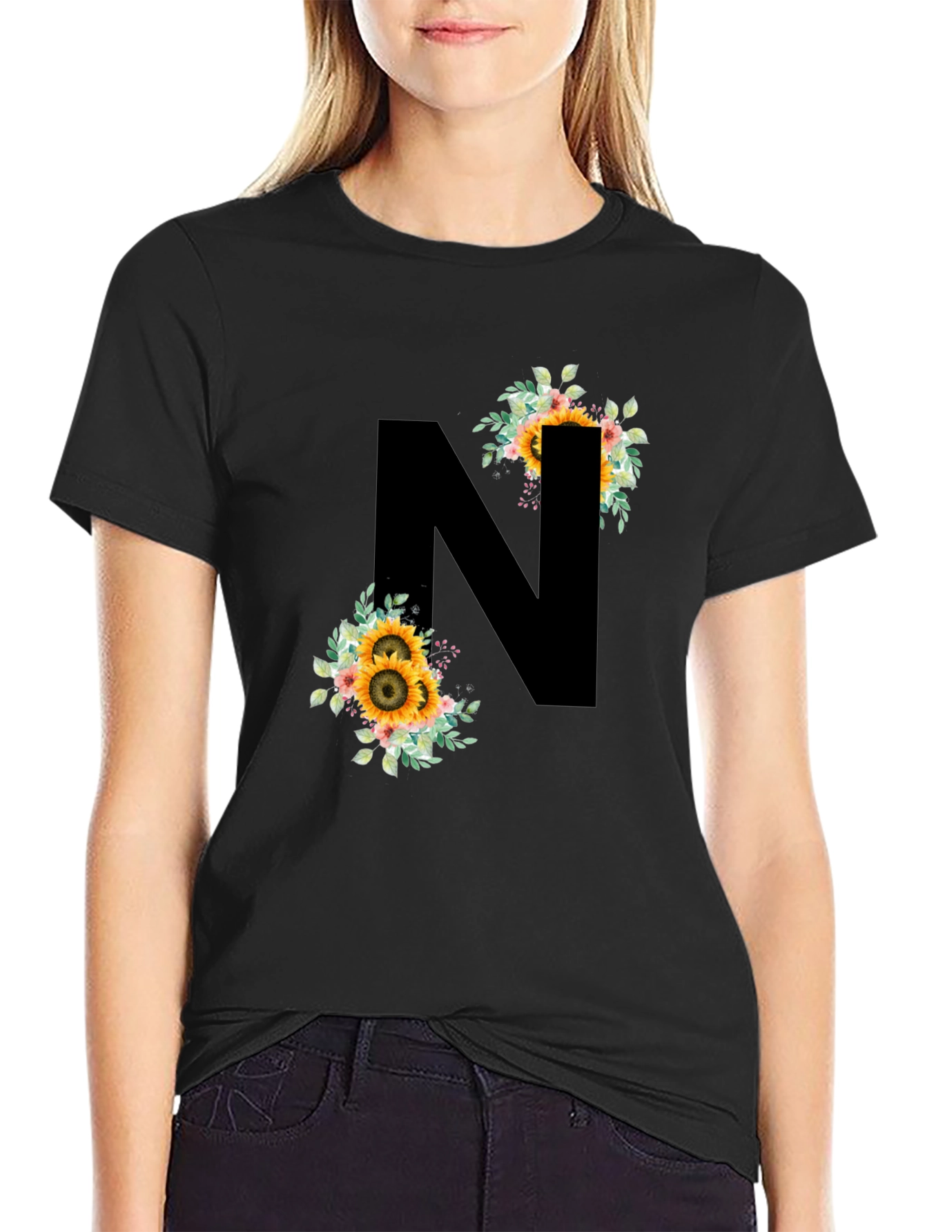 Floral Letter N Black T-Shirt