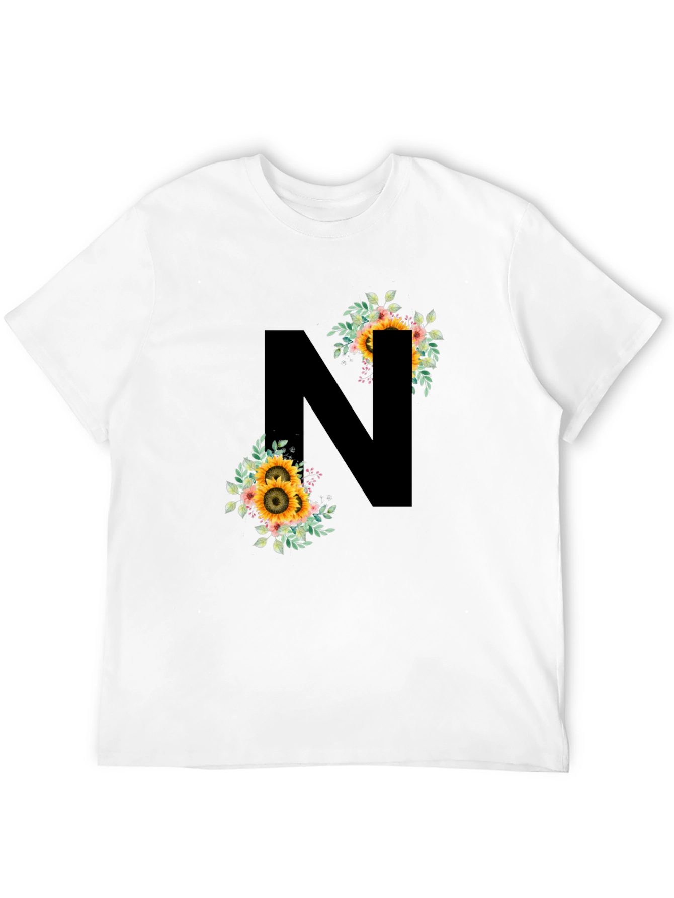 Floral Letter N Black T-Shirt