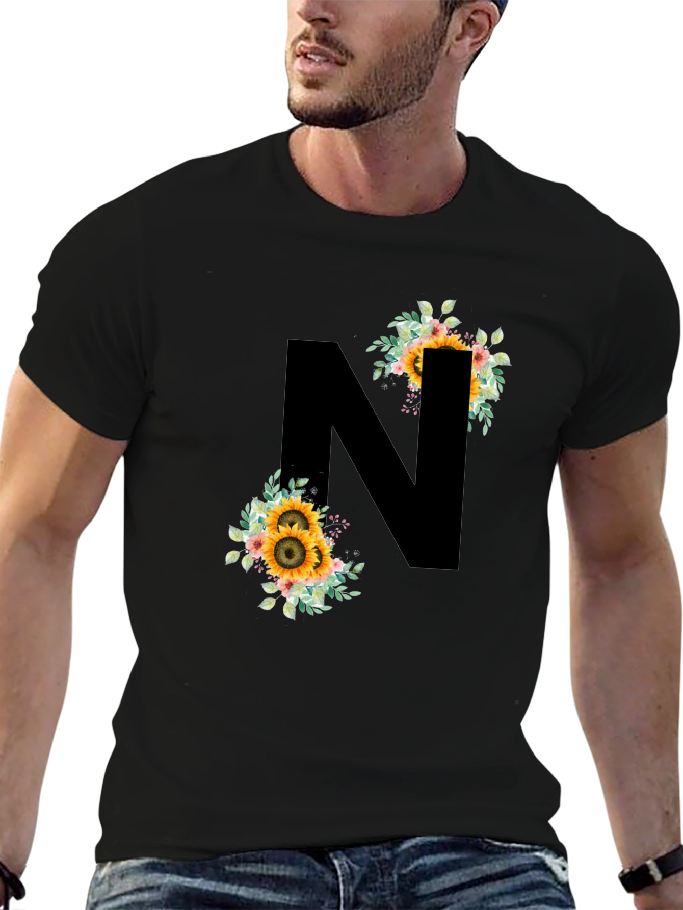 Floral Letter N Black T-Shirt