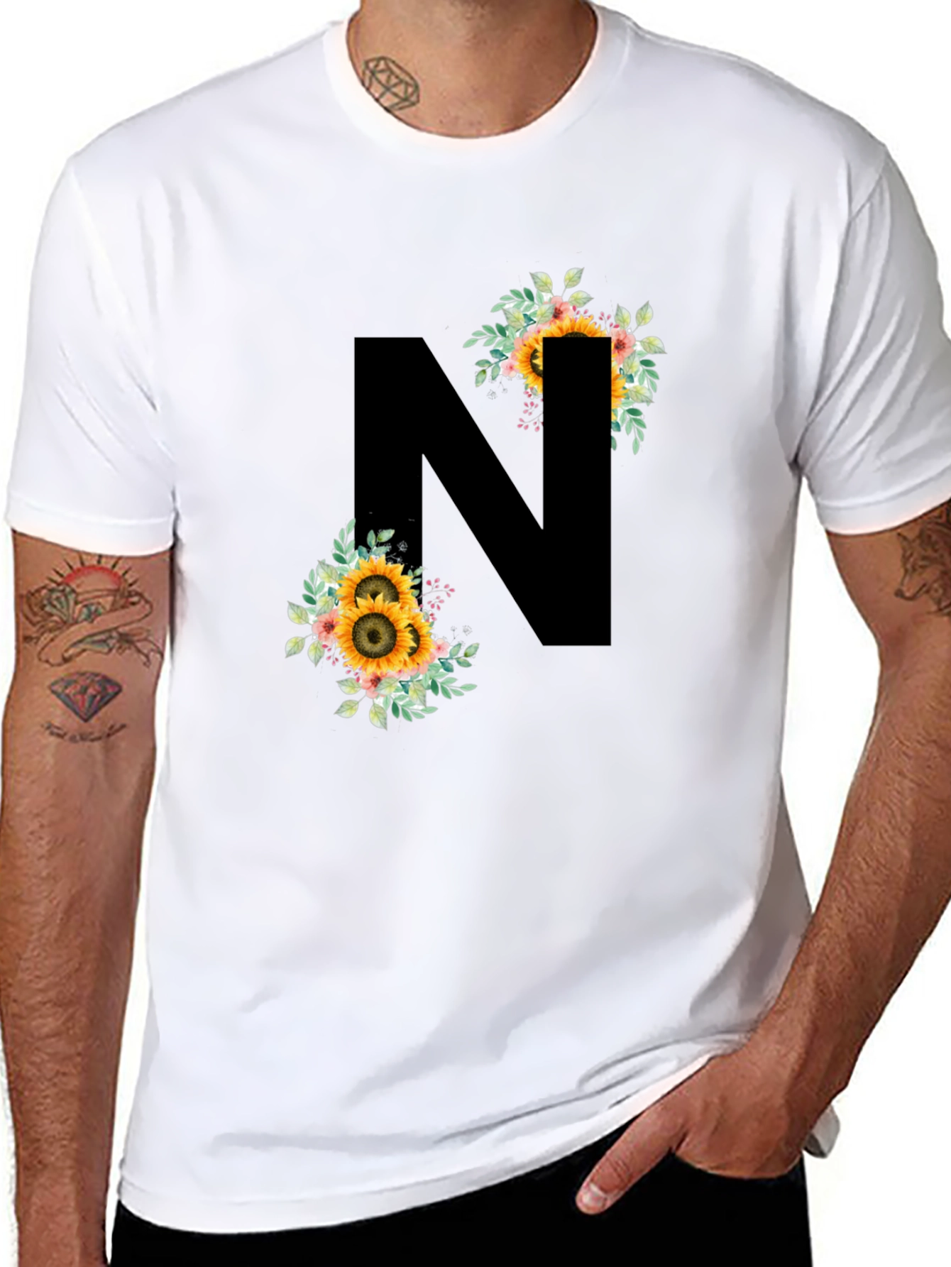 Floral Letter N Black T-Shirt