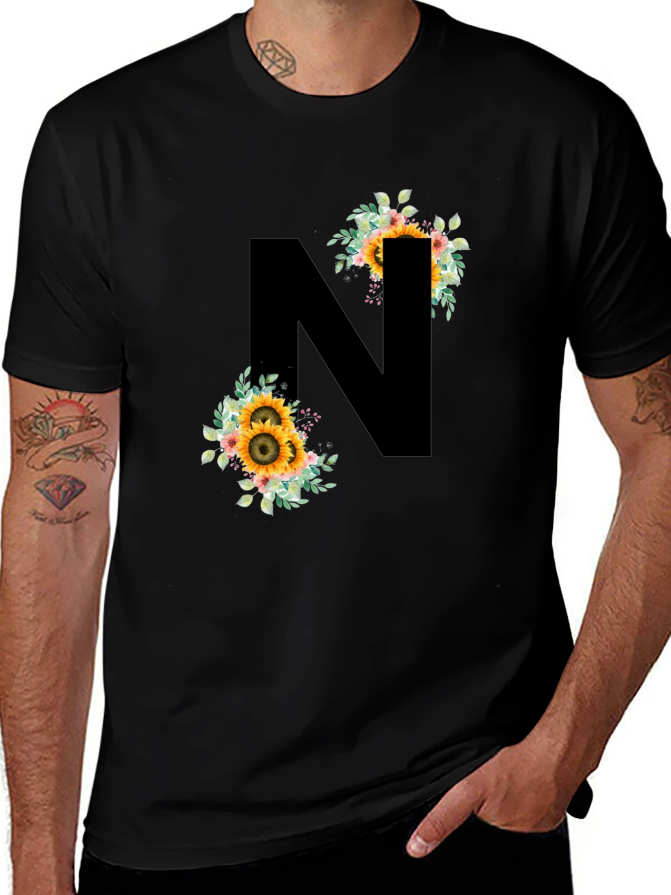 Floral Letter N Black T-Shirt