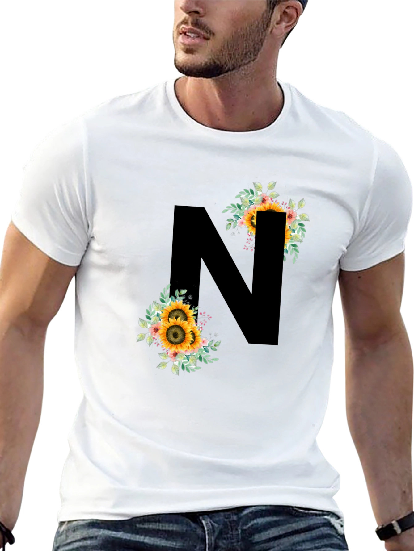 Floral Letter N Black T-Shirt