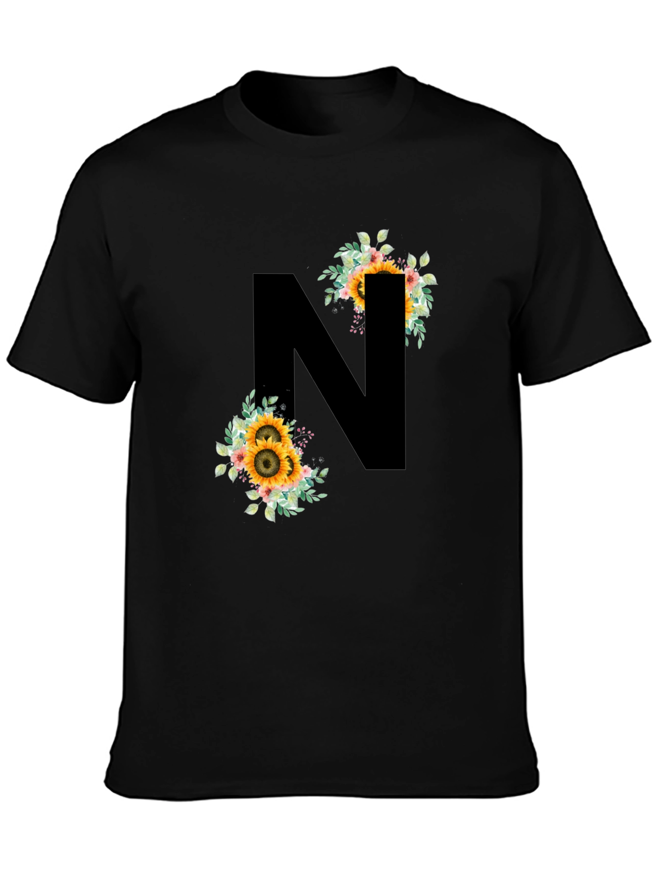 Floral Letter N Black T-Shirt