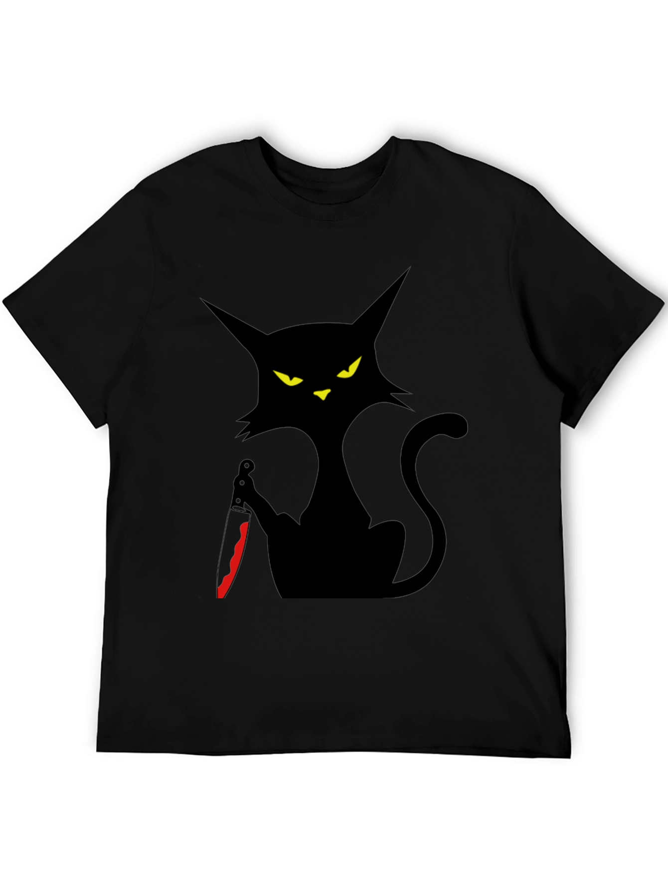 Creepy Cat with Knife Graphic Tee - Black