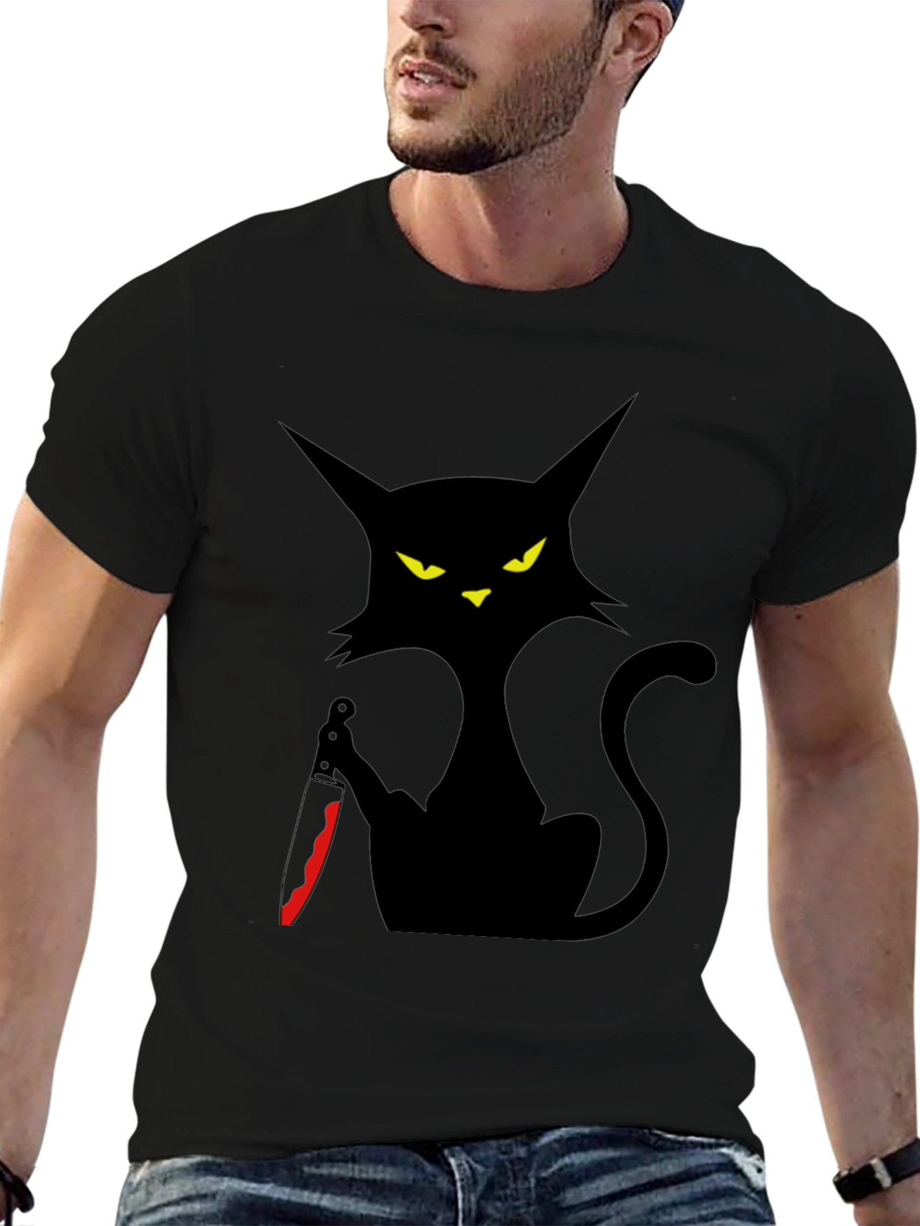Creepy Cat with Knife Graphic Tee - Black