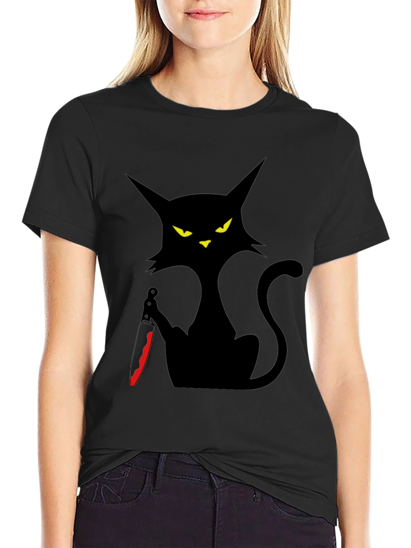 Creepy Cat with Knife Graphic Tee - Black