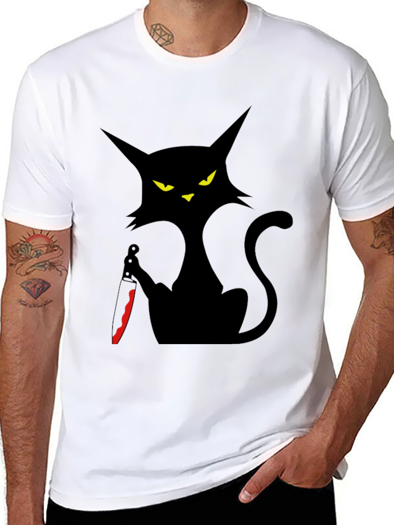 Creepy Cat with Knife Graphic Tee - Black