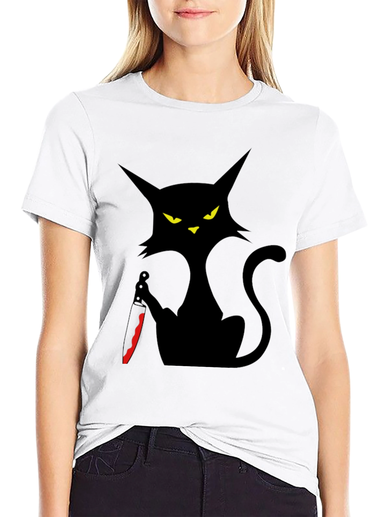 Creepy Cat with Knife Graphic Tee - Black