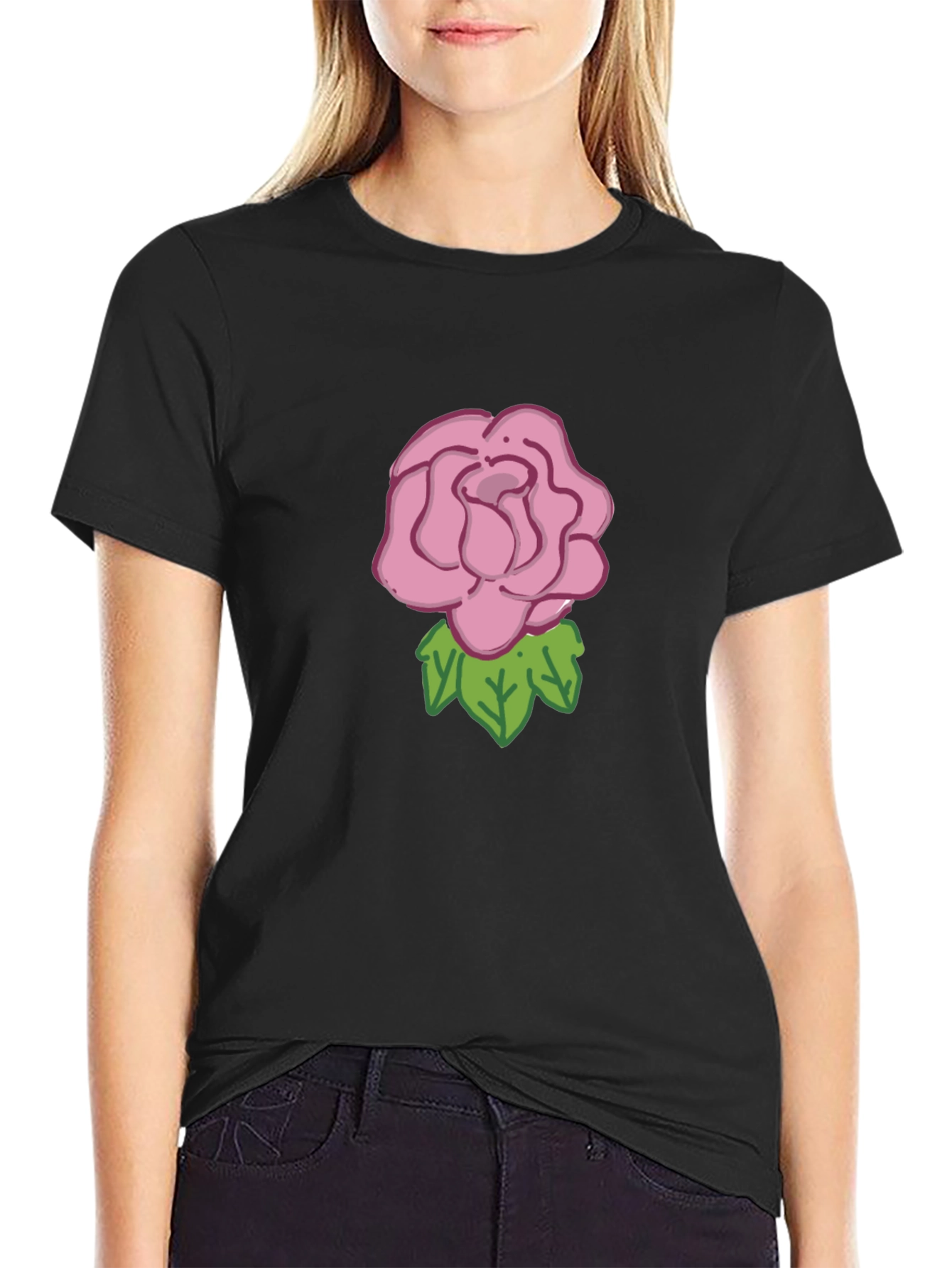 Rose Graphic Tee - Black Cotton Casual Wear