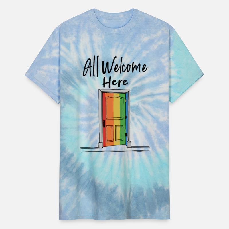 All Welcome Here rainbow door